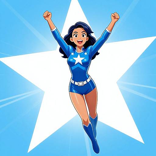 Digital anime-style drawing of a joyful, dark-haired woman in a blue superhero outfit with a white star, raising arms against a radiant blue starburst background