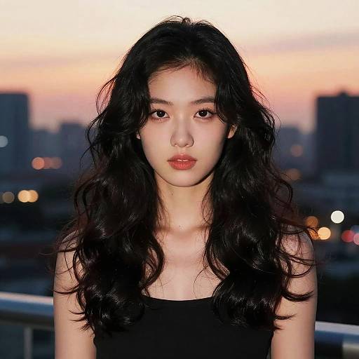 Photograph of a young Asian woman with long, wavy black hair, wearing a black top, against a twilight urban skyline.