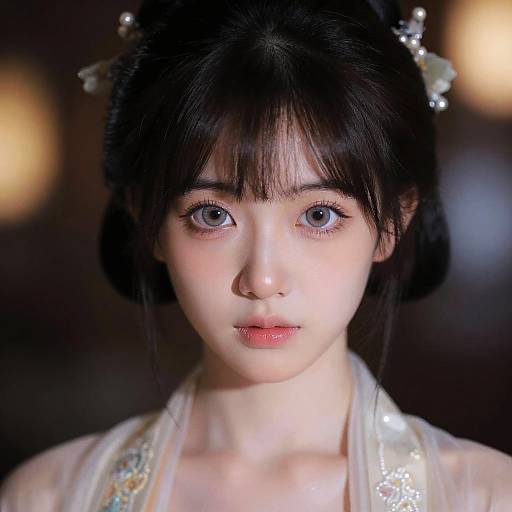 Photorealistic digital portrait of a young East Asian woman with black hair, blue eyes, fair skin, and delicate features, wearing a white, be