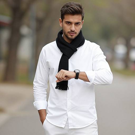 Photograph of a handsome young man with short, dark hair and beard, wearing a white shirt, black scarf, and watch, standing on a blurred