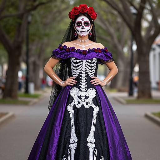 Photograph of a woman in a Day of the Dead costume, wearing a purple off-shoulder dress with white skeleton print, red flower crown,