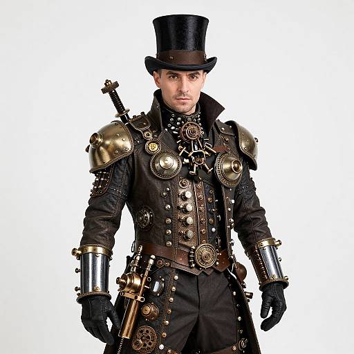 Photograph of a stern, bearded man in a steampunk outfit, wearing a black top hat, brass armor, and brown leather coat with