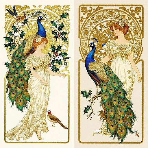 Art Nouveau Christmas Cards with Peacocks