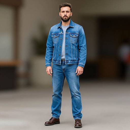 Photograph of a bearded man with short dark hair, wearing a blue denim jacket, jeans, and brown shoes, standing in a blurred indoor background