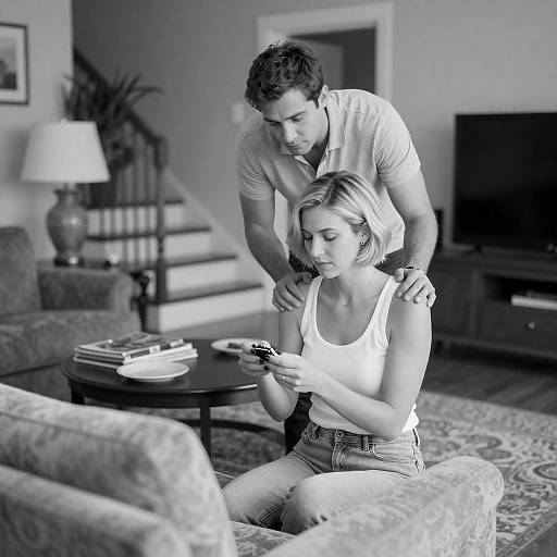 Man Comforting Woman in Living Room