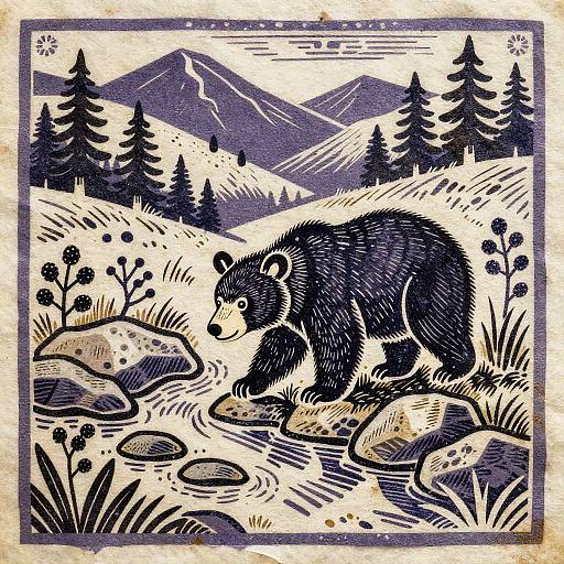 Woodcut Bear Cub in Mountain Valley
