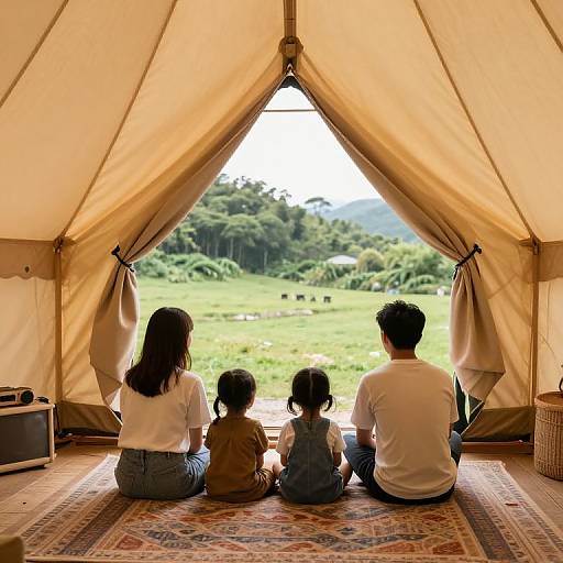 Photograph of a family of four sitting inside a beige tent, facing an open view of a grassy field with trees and cattle, on a pattern
