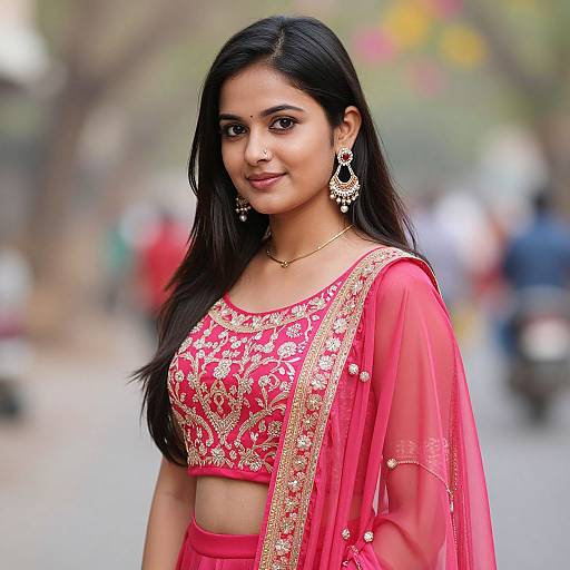 Photograph of a beautiful South Asian woman with long black hair, wearing a red and gold embroidered traditional outfit, gold earrings, and a nose ring,