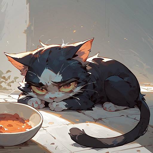 Gloomy Cat with Empty Bowl
