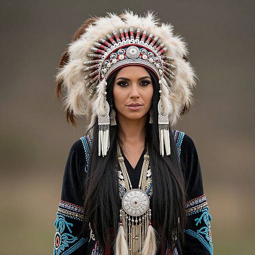 Photograph of a woman with long black hair, wearing a detailed Native American headdress, black velvet dress with blue and silver embroidery, and silver neck