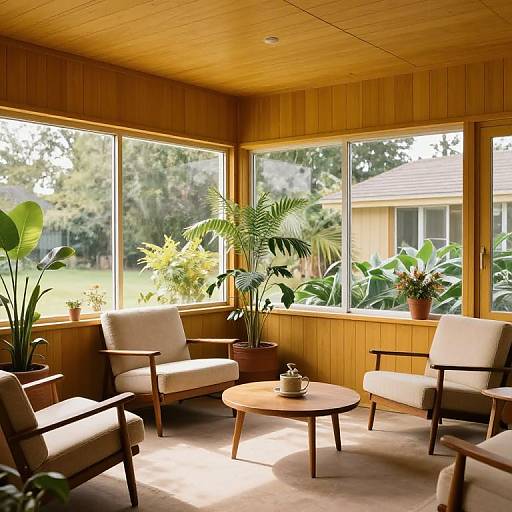 Sunlit wooden sunroom with large windows, cream armchairs, wooden coffee table, potted plants, and a view of a lush garden.