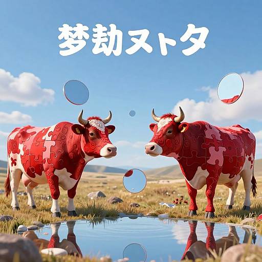 Digital artwork of two red-and-white cow puzzle pieces facing each other in a grassy field by a reflective water pond, with Japanese text and bubbles above