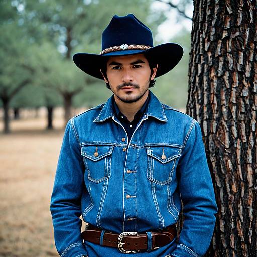 Young Man in Blue Cowboy Outfit Outdoors