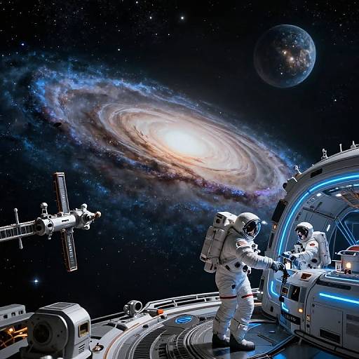 Photorealistic space scene: Two astronauts in white suits on a futuristic spacecraft, gazing at a glowing spiral galaxy and a nearby planet, with a