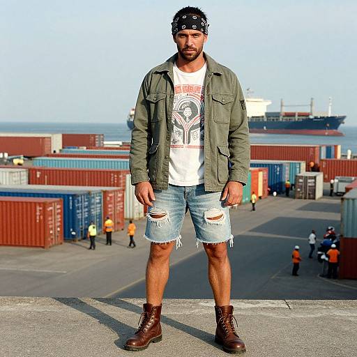 Photograph of a bearded man in a bandana, green jacket, white graphic tee, ripped denim shorts, brown boots, standing in a busy
