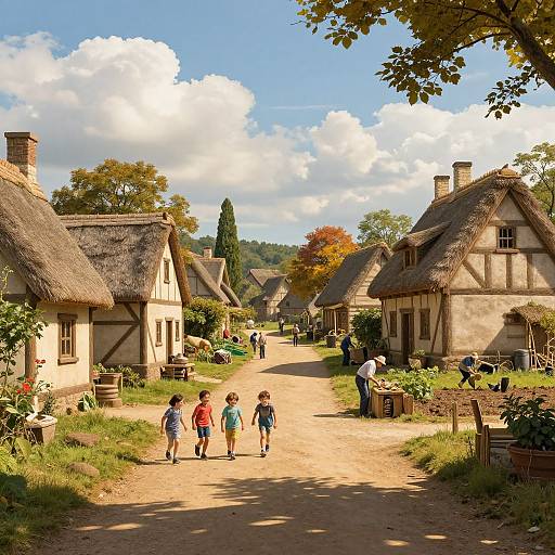 Photograph of a sunlit, charming village street with thatched-roof cottages, children walking, and people engaging in outdoor activities, surrounded by