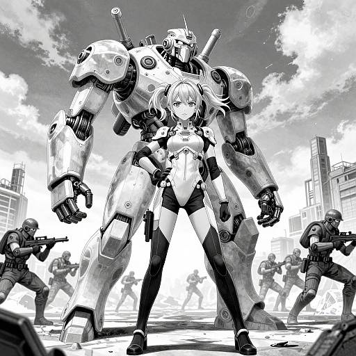 Monochrome anime-style digital drawing of a young girl in a tight outfit standing confidently between two large mechs, surrounded by armed soldiers in a ruined urban