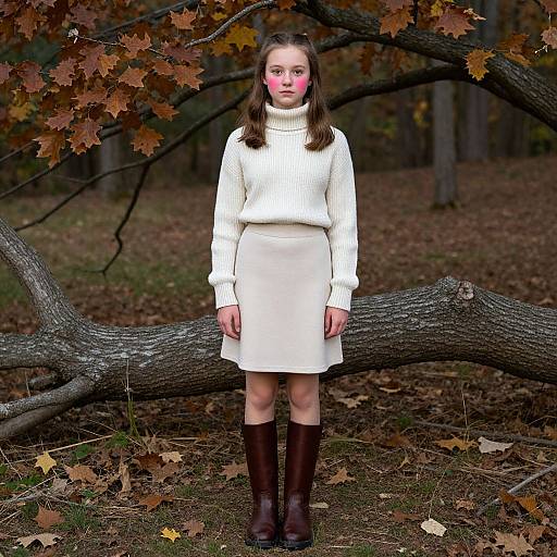 Photograph of a young girl with pink face paint, wearing a white sweater, skirt, and brown boots, standing in a forest with fallen leaves and