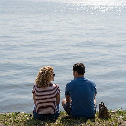 Sunlit Lakeshore Couple in Stripes