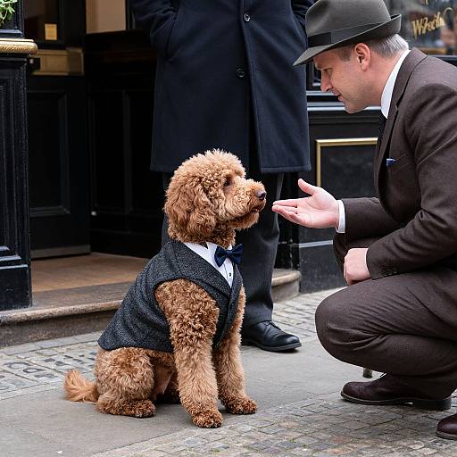 Photograph of a curly-haired brown poodle in a black sweater, sitting on a cobblestone street, being petted by a kneeling man in