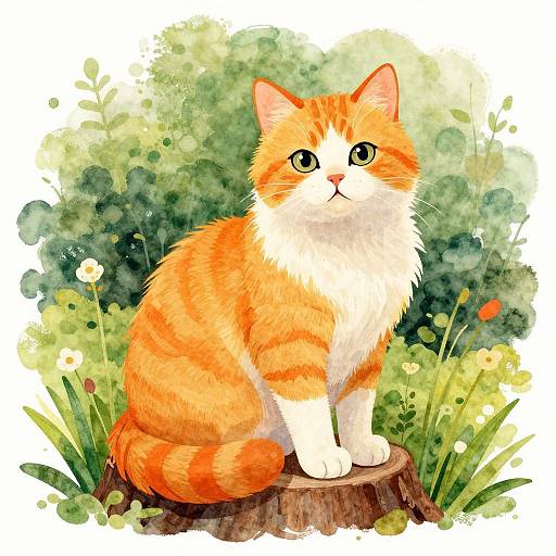 Watercolor illustration of an orange and white fluffy kitten with wide eyes, sitting on a tree stump amidst lush green foliage and colorful flowers.