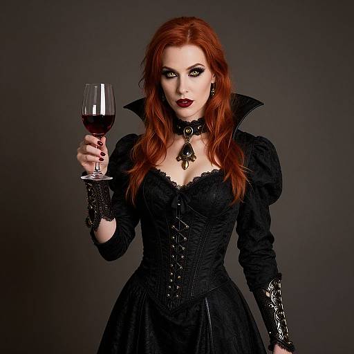 Photograph of a pale-skinned, red-haired woman with dark makeup, wearing a black Gothic dress, holding a glass of red wine, against a