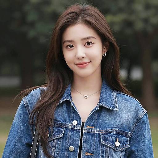 Young Asian Woman in Denim Jacket Outdoors
