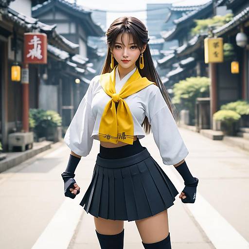 Digital art of an Asian woman in a yellow sailor top and black pleated skirt, standing confidently in a traditional Japanese street. Bright colors, detailed background
