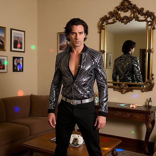 Photograph of a handsome man with dark curly hair, wearing a silver sequin shirt, black pants, and a silver belt, standing in a living