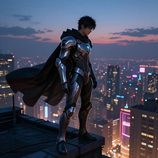 Digital anime-style artwork of a muscular, armored superhero with spiky black hair, standing on a rooftop at dusk, overlooking a cityscape of brightly lit