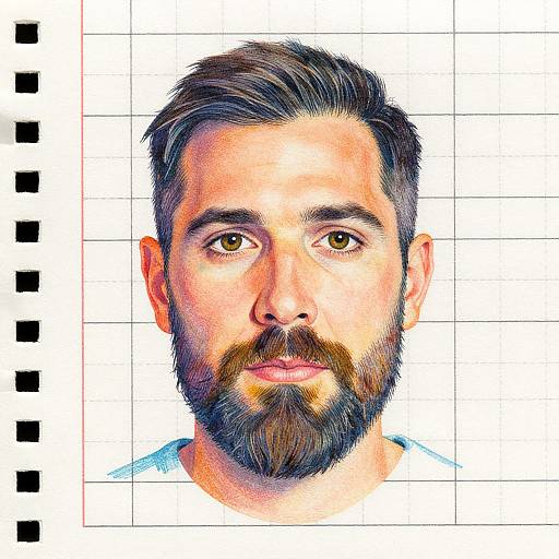 Colorful digital drawing of a bearded man with brown eyes, short dark hair, and white shirt, on graph paper background.