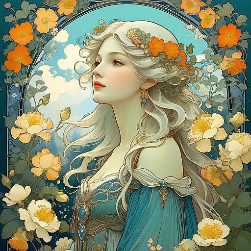 Art Nouveau Woman in Primrose Garden