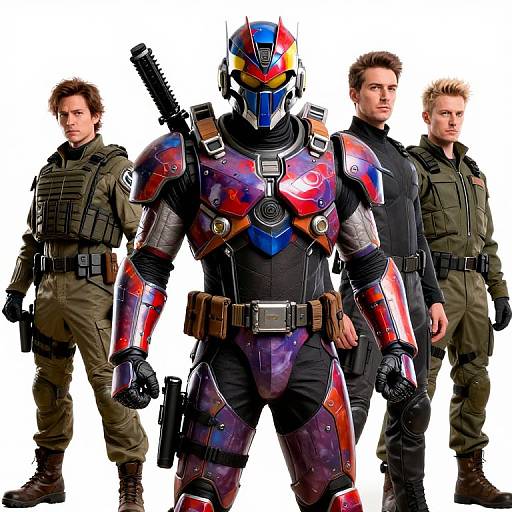 Photograph of three men in military gear, one in colorful, futuristic armor with a helmet, standing against a white background.