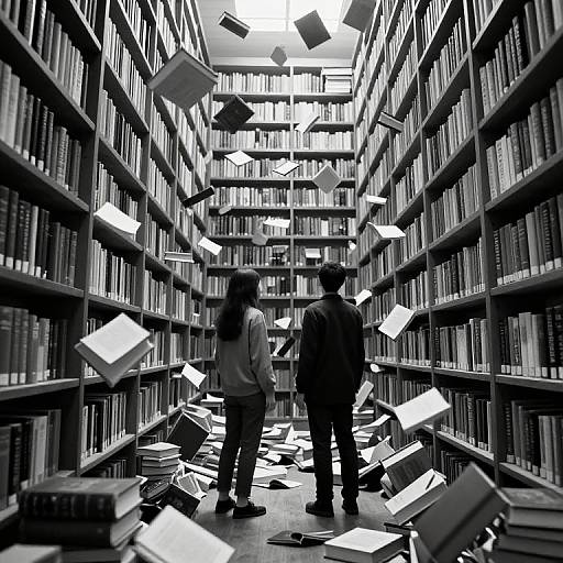 Black-and-white photograph of a library aisle with tall shelves filled with books. Two people stand amidst floating and scattered books.