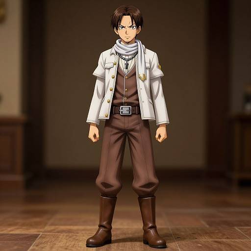 Anime-style digital drawing of a young man with short black hair, wearing a white jacket, brown vest, scarf, brown pants, and boots, standing