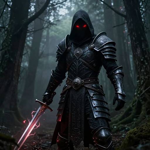 Dark, hooded figure in ornate black armor with glowing red eyes stands in a foggy forest, holding a glowing sword. Digital art.