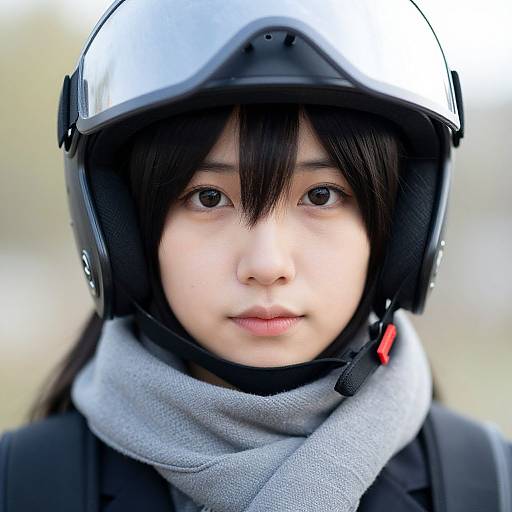 Close-up photograph of a young Asian woman with fair skin, black hair, and brown eyes, wearing a silver helmet, gray scarf, and black jacket