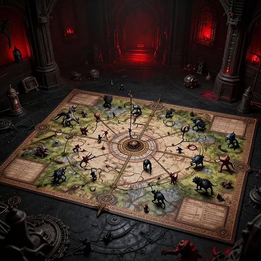 Fantasy battle scene: Miniature warriors and creatures on illuminated, ornate battlefield in dark, gothic hall with red glowing lights. Detailed CGI artwork