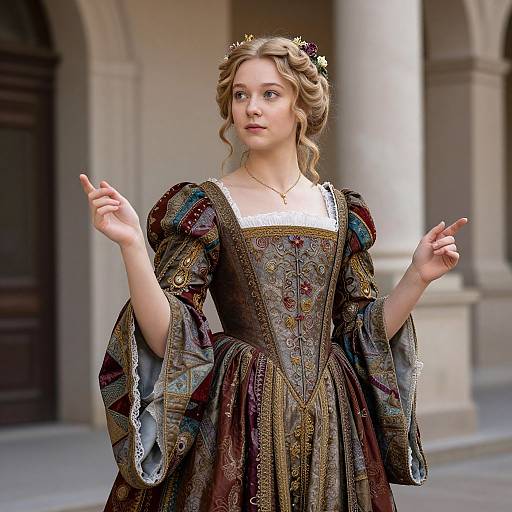 Digital artwork of a blonde, fair-skinned woman in an ornate, Renaissance-style gown with intricate patterns and puffed sleeves, standing in a historic