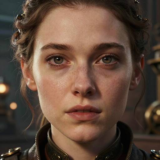 Close-up photograph of a young woman with fair skin, brown hair in braids, green eyes, and freckles, wearing a dark leather jacket