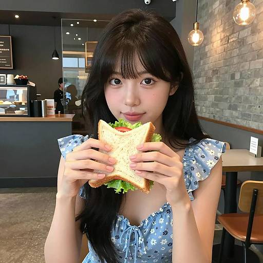 Asian Woman Enjoying a Sandwich in Café