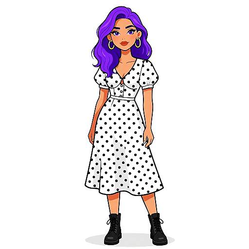 Digital illustration of a confident woman with purple hair, wearing a white polka dot dress, black boots, and hoop earrings.