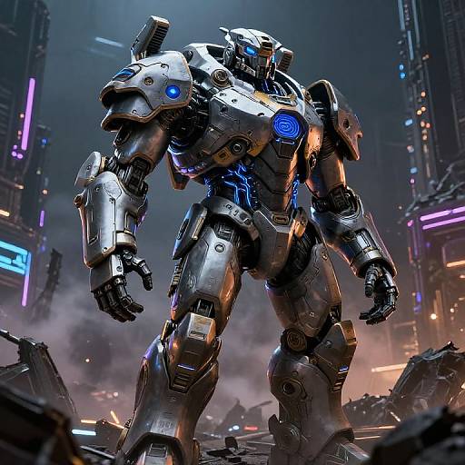 Digital CGI image of a towering, futuristic, silver and blue robotic warrior with glowing blue lights, standing amid a dark, neon-lit, ruined city