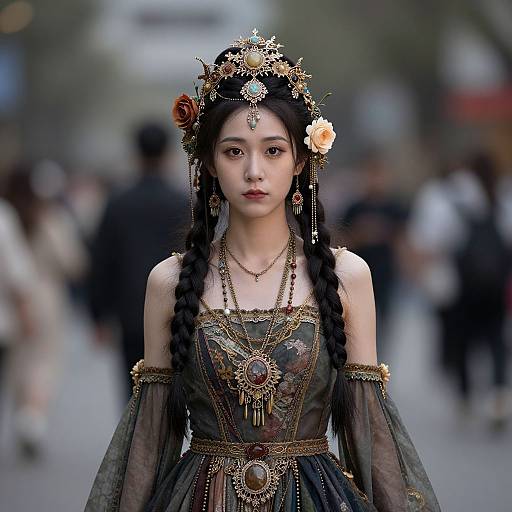 Photograph of an East Asian woman with long braids, wearing an ornate black dress, elaborate headpiece, and jewelry, standing in a blurred