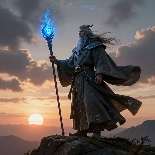 Digital art of a bearded, long-haired wizard in a grey robe, holding a blue flame-tipped staff, standing on a rocky peak at sunset