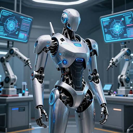 Photorealistic CGI of a sleek, silver, humanoid robot with blue glowing accents in a futuristic lab with two robotic arms.