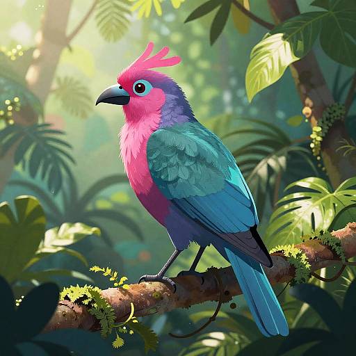Digital artwork of a vibrant, pink and blue bird with a red crest perched on a mossy branch in a sunlit, lush jungle.