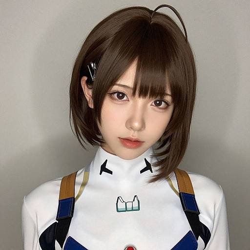 Digital portrait of an Asian woman with short brown hair, white high-neck outfit, black hairpins, and brown straps, against a plain gray background.