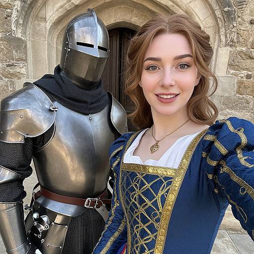 Photograph of a smiling young woman with wavy brown hair in a blue and gold medieval dress, standing beside a silver knight in full armor in front