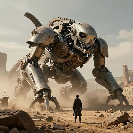 Photorealistic CGI of a massive, mechanical, gear-driven robot with a menacing face, standing in a dusty, ruined urban landscape, with a small
